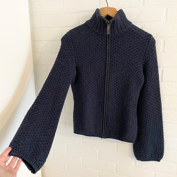 Ports 1961 Women’s Sweater Knit Cardigan Full Zip merino wool Bell sleeve Navy S - Picture 2 of 11
